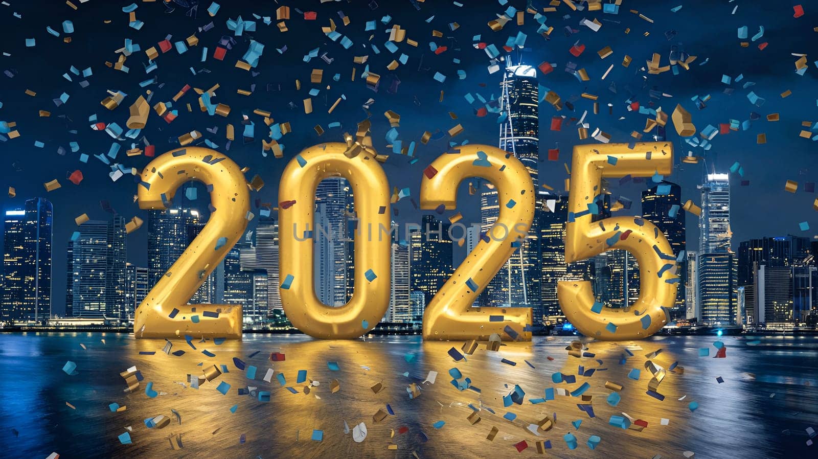 Confetti explodes in a vibrant 4K slow-motion reveal of golden 2025 against a city skyline at night