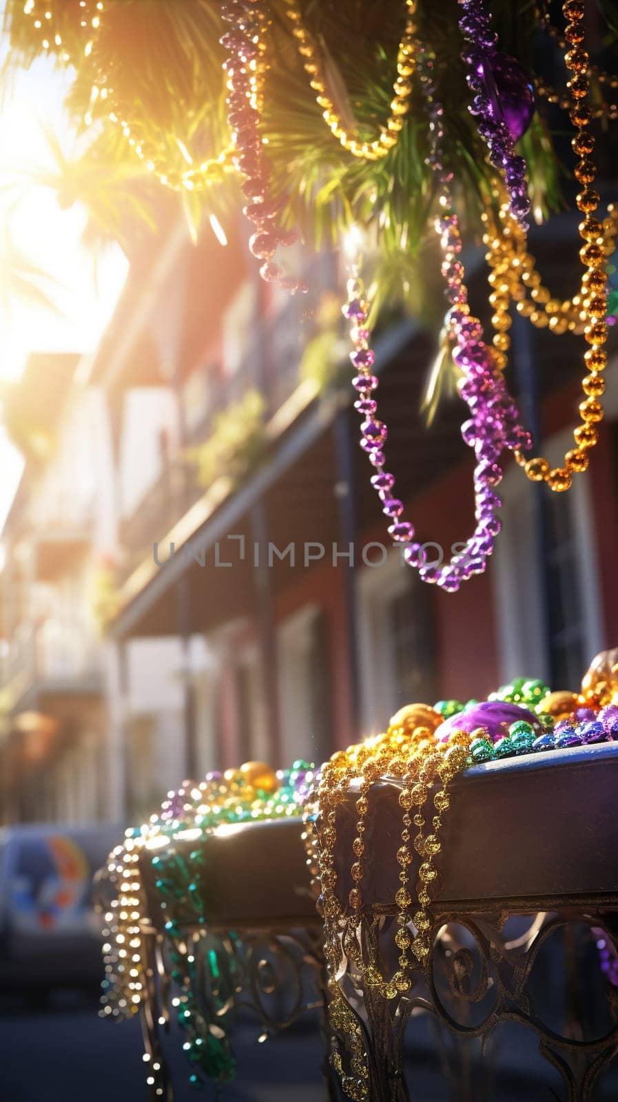 Confetti and Mardi Gras carnival decorations city street festival background. AI Generated content