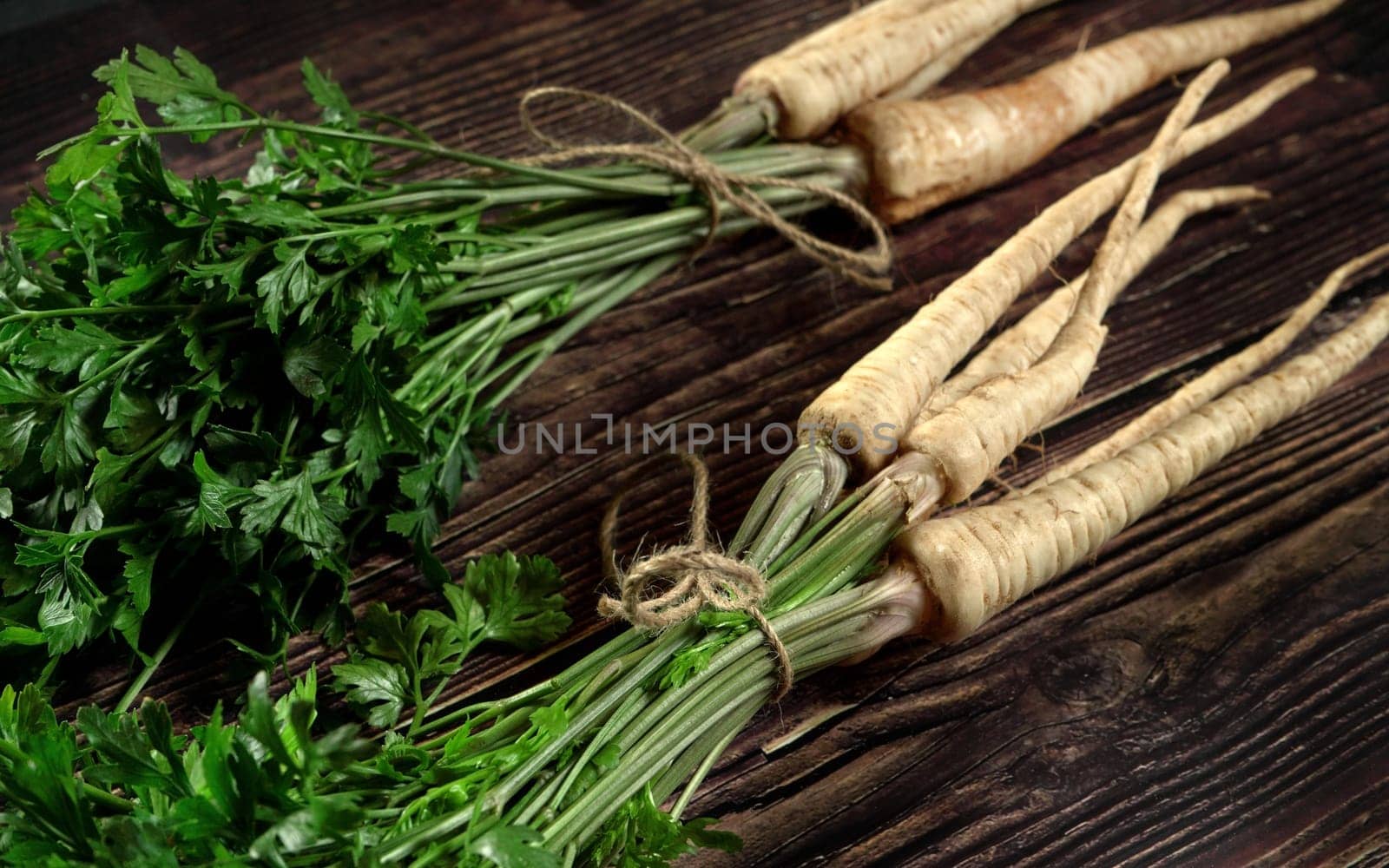 Parsley / parsnip roots with green leaves bunch, tied with cord, laying on dark wood rustic table
