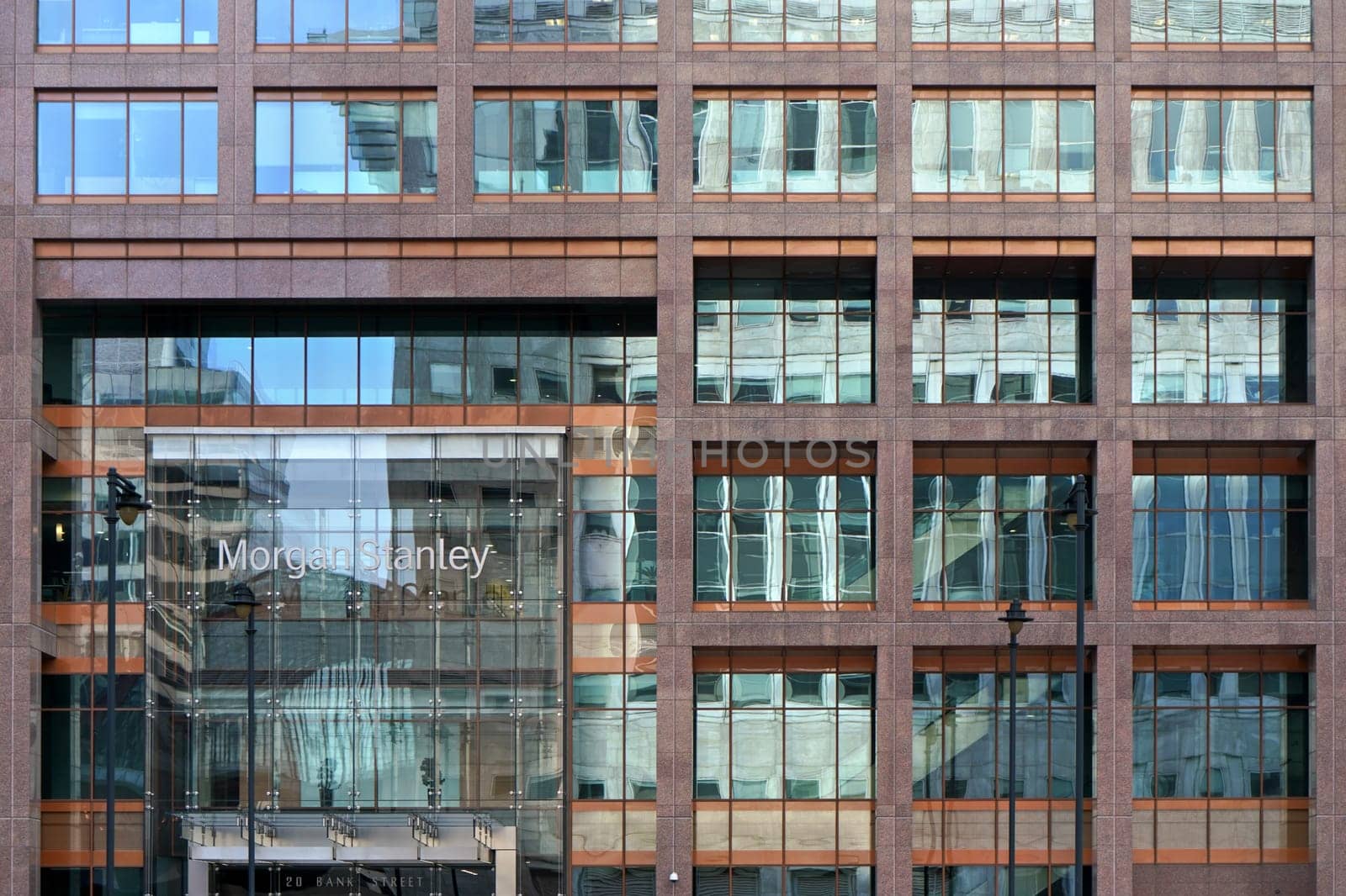 London, United Kingdom - February 03, 2019: Morgan Stanley logo at their UK branch offices on Canary Wharf. MS is american investment bank and financial services company founded in 1935