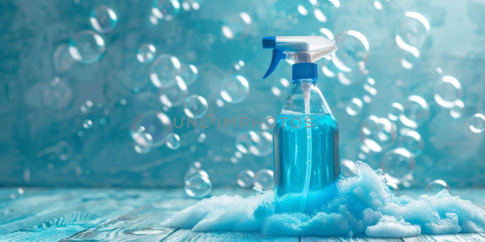Cleaning spray bottle in soapy lather background with copy space, AI Generated