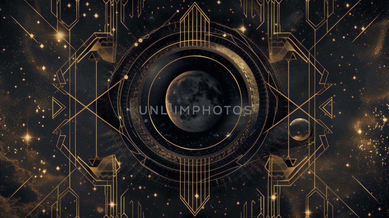 Abstract celestial design with planets, moon phases and stars in dark gold tones, AI Generated