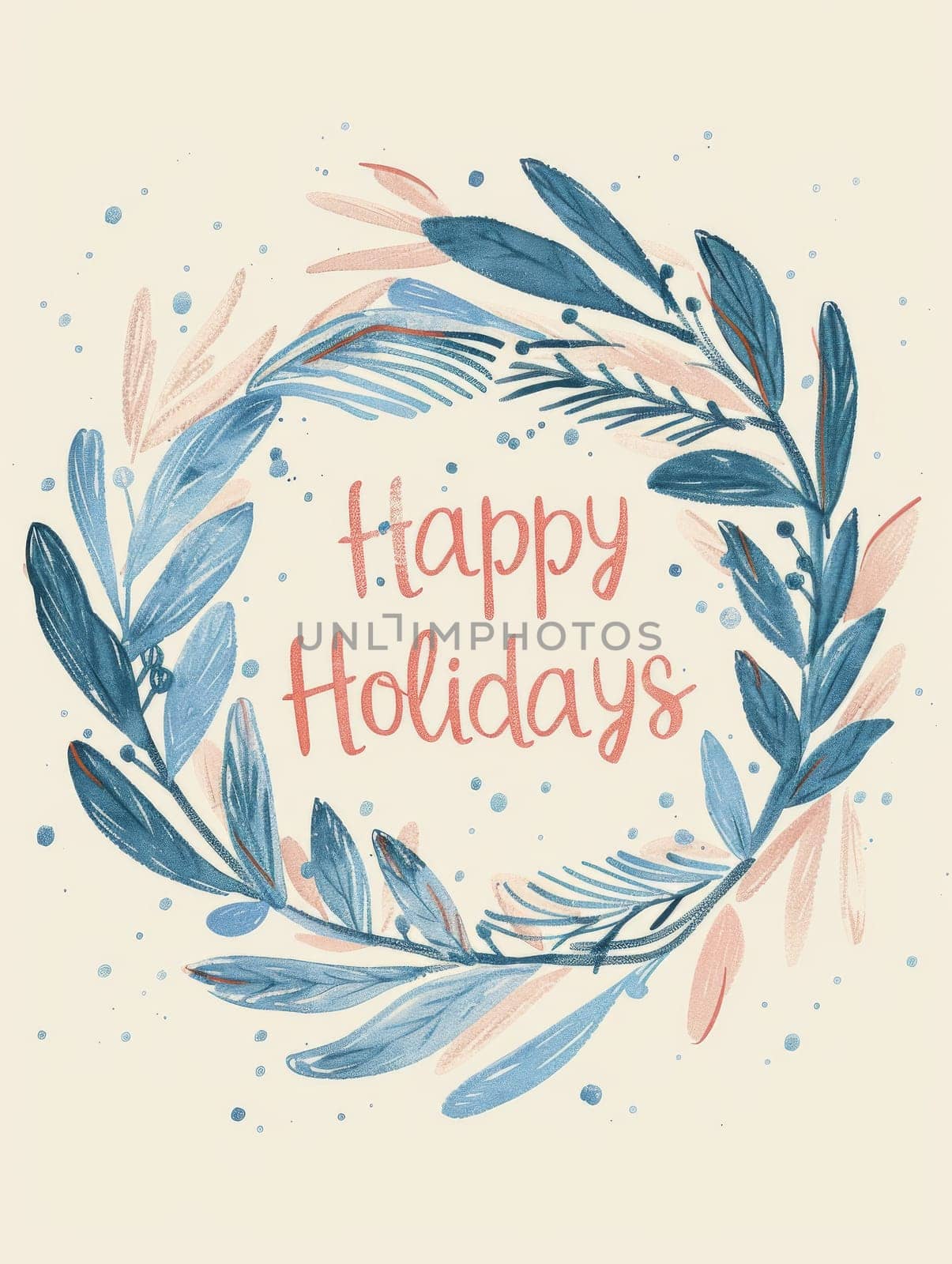 Happy Holidays text with festive wreath design in pastel colors, AI generated
