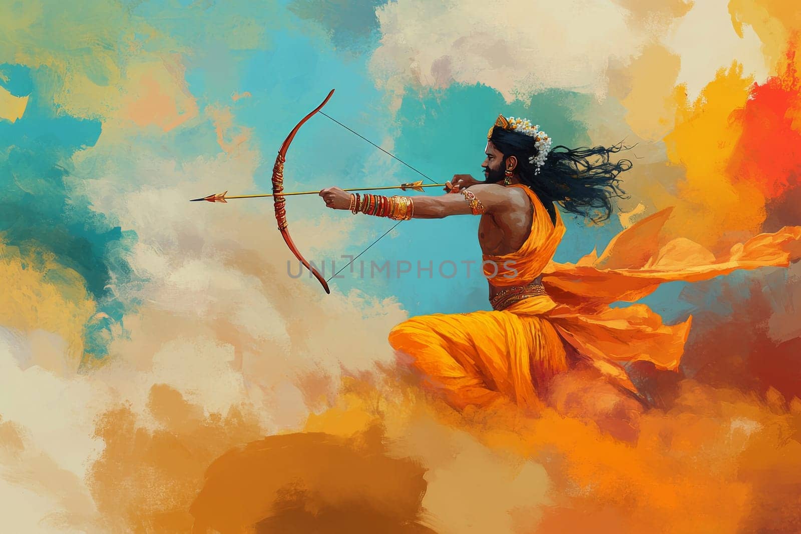 Illustration of warrior with bow and arrow in traditional attire, concept of bravery, AI Generated