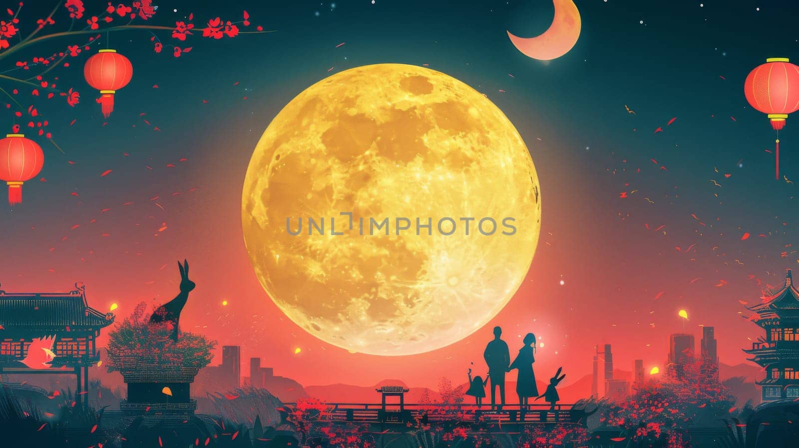 Full moon night scene with silhouettes of people and bunny, AI Generated