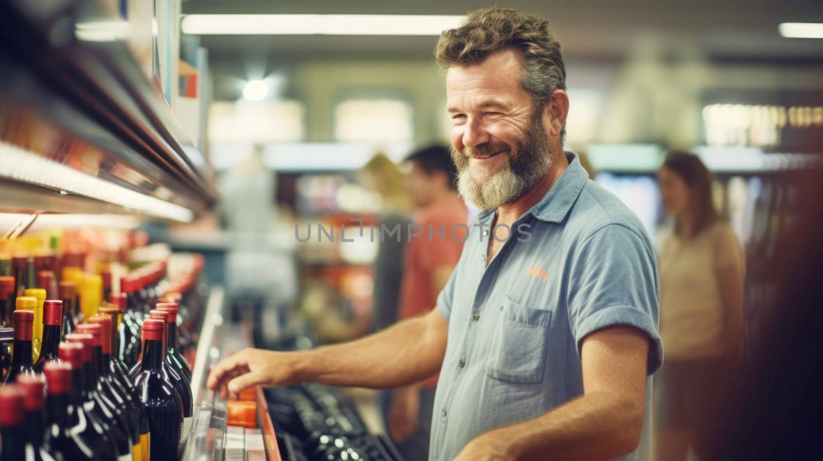 Elderly man choosing wine bottle on store shelf, concept of selection and shopping, AI generated