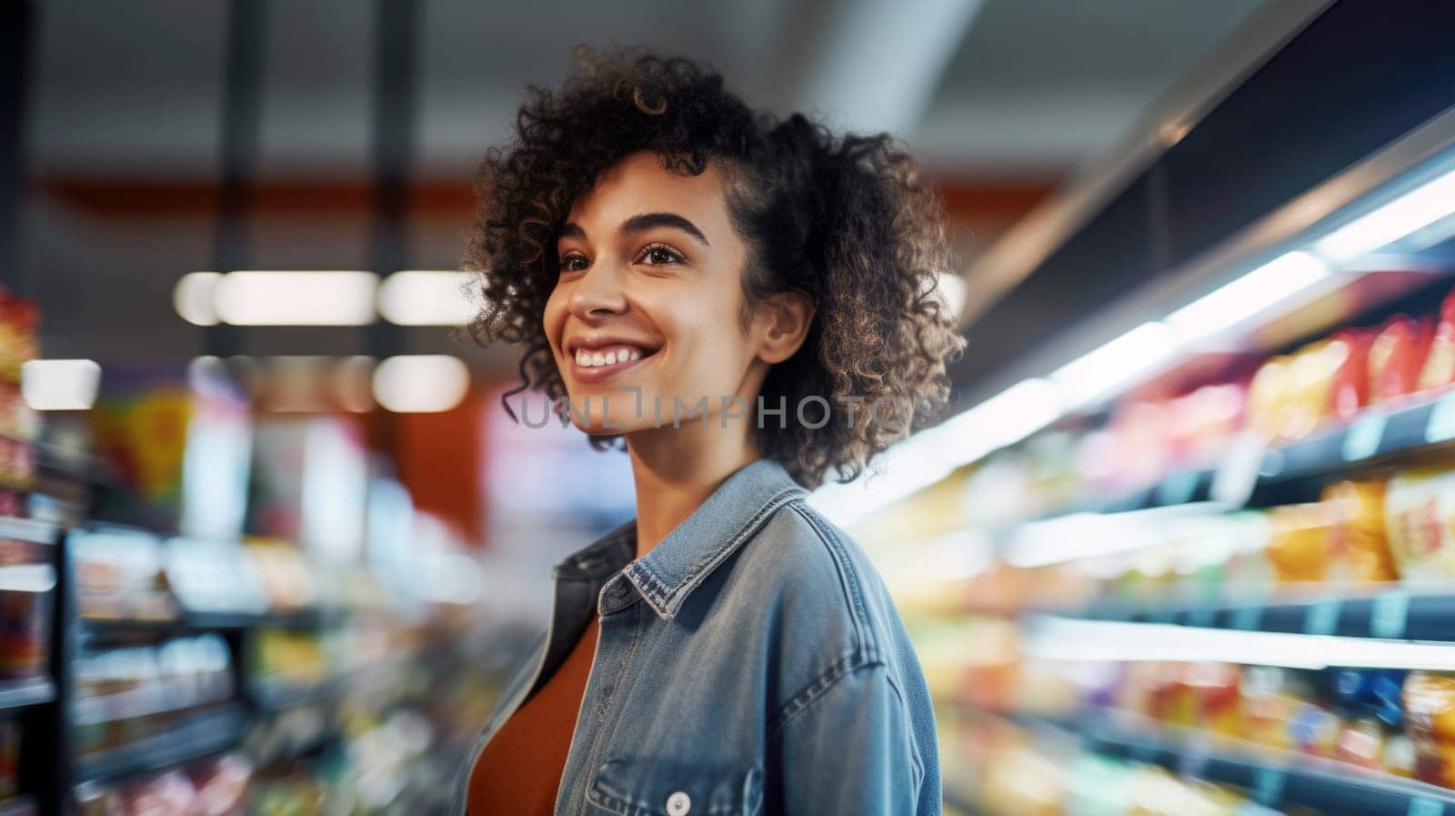Woman shopping in grocery store aisle looking at products and smiling, AI generated