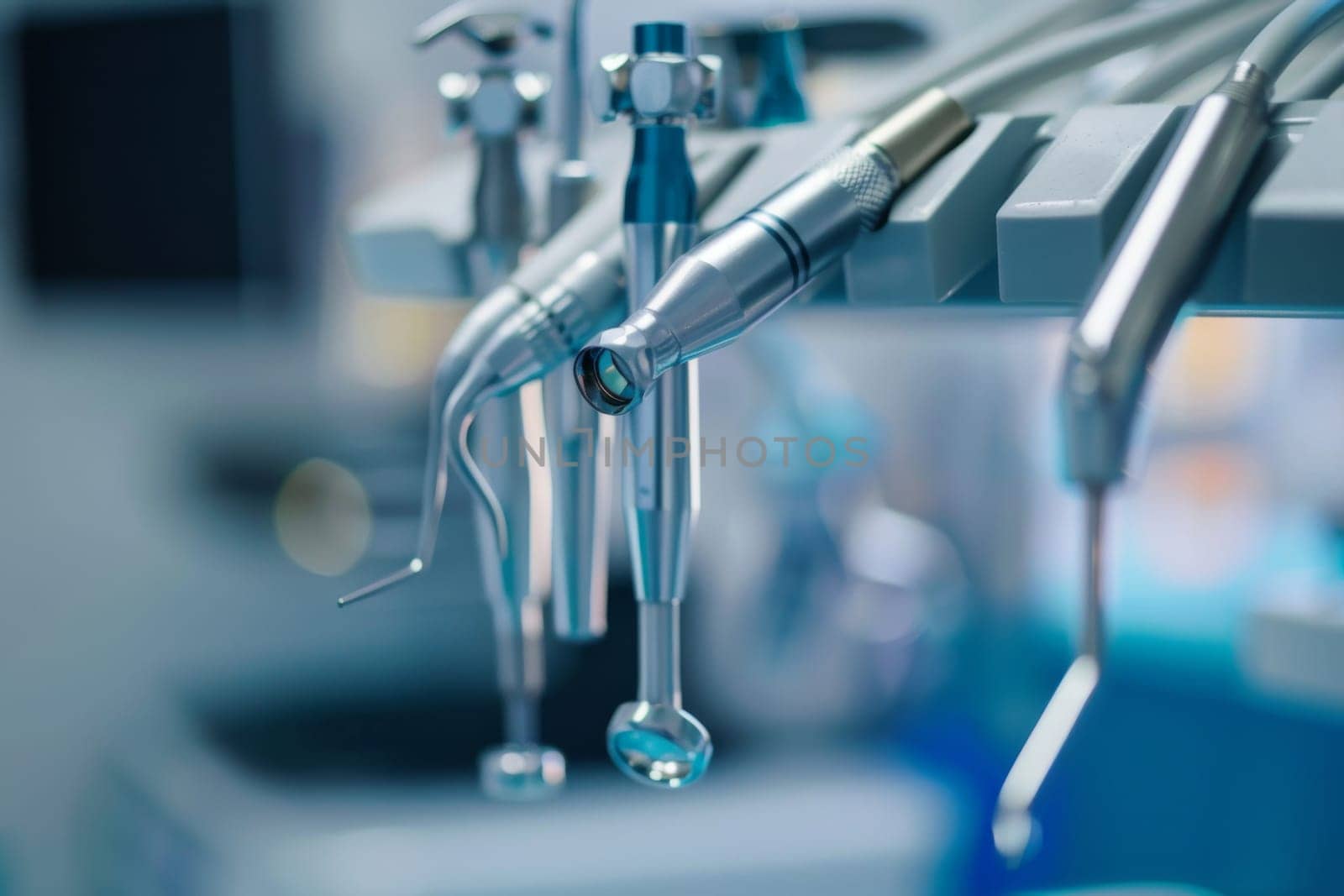 Dental tools on dentist office background, AI generated