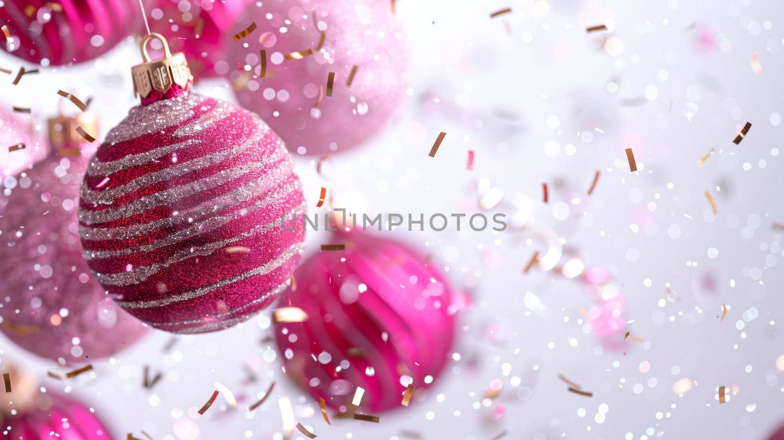 Shiny pink Christmas ornament hanging on pink tree with confetti, background, AI Generated