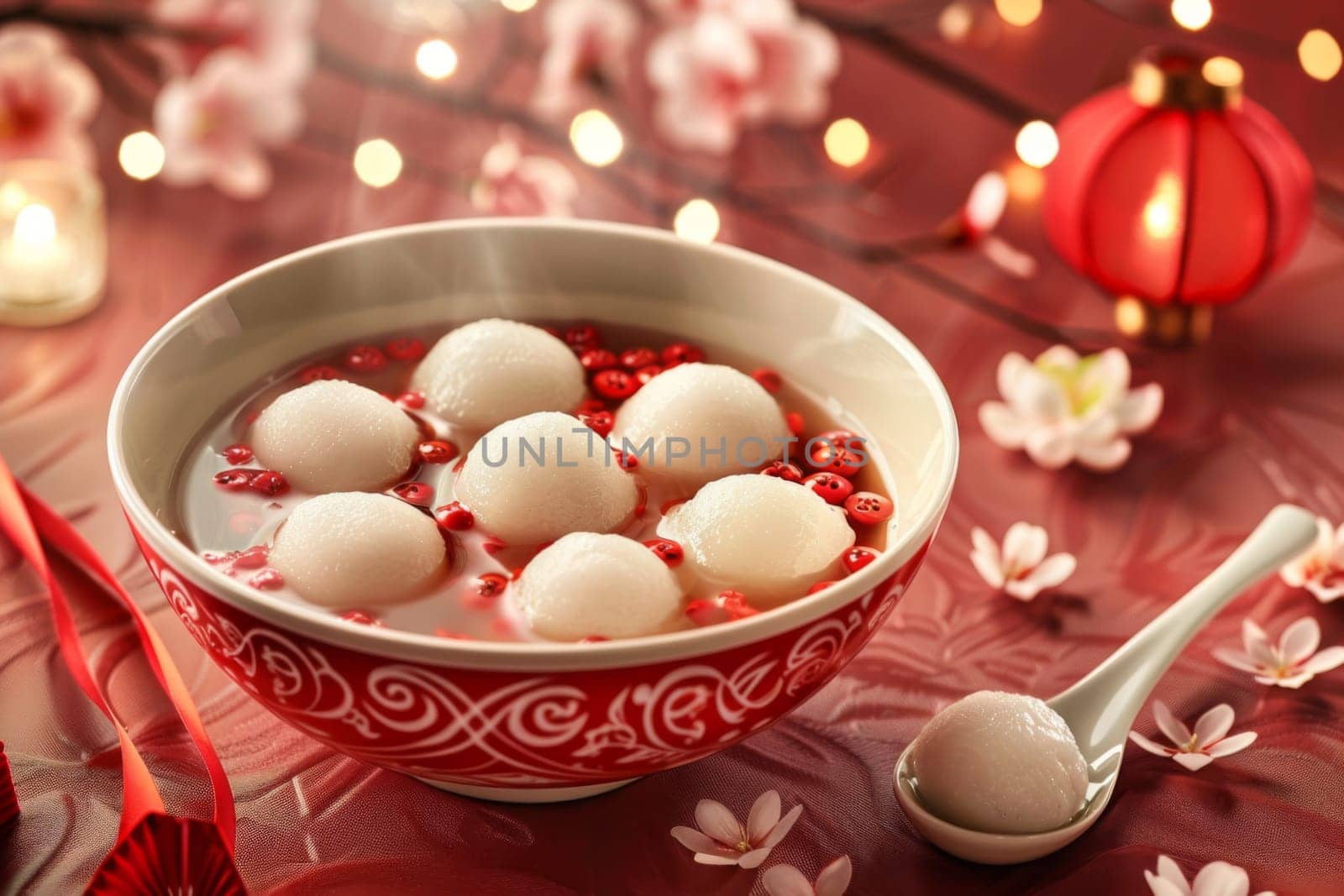 Chinese Sweet rice dumplings in light syrup with flowers in background, AI Generated