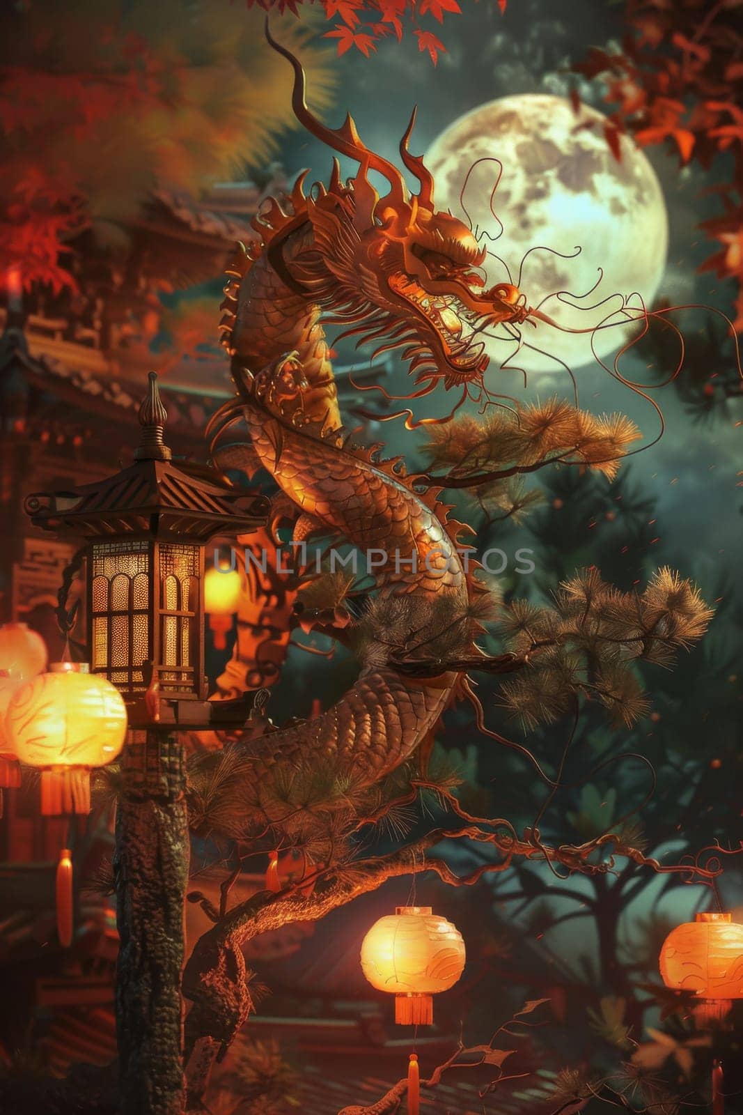 Traditional Chinese dragon in moonlit lantern festival, background, AI Generated
