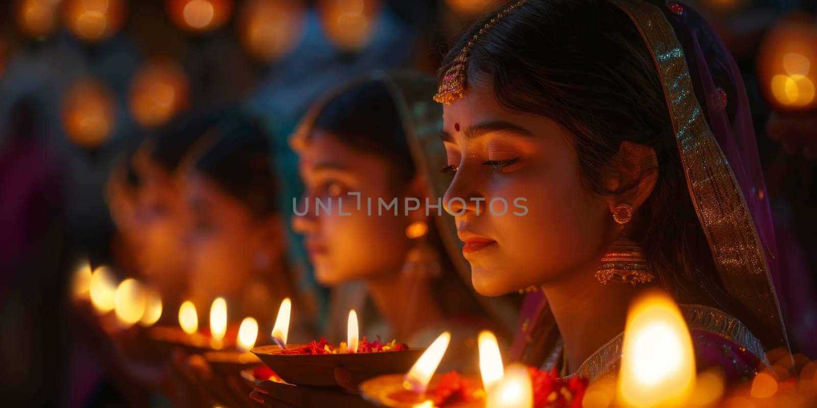 Women holding traditional oil lamps diya in celebration during festival evening, AI Generated