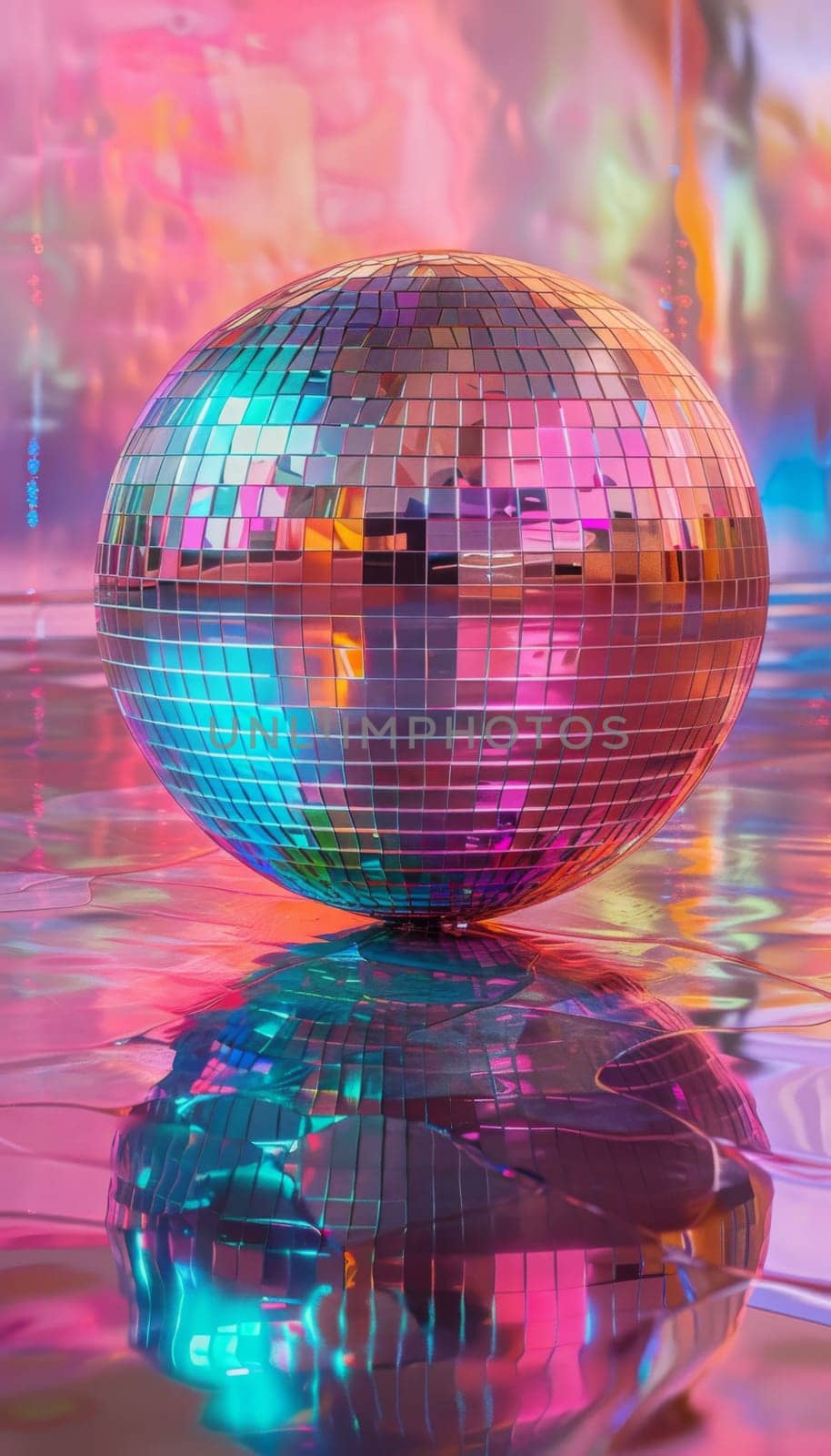Disco mirror balls reflecting colorful lights on reflective dance floor background, AI Generated