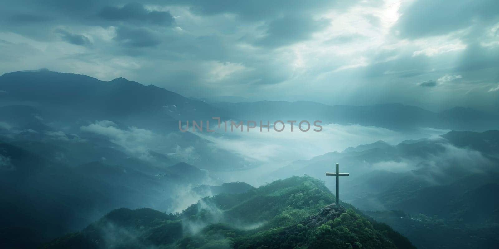Wooden cross on green hill with misty mountain landscape in background, AI Generated