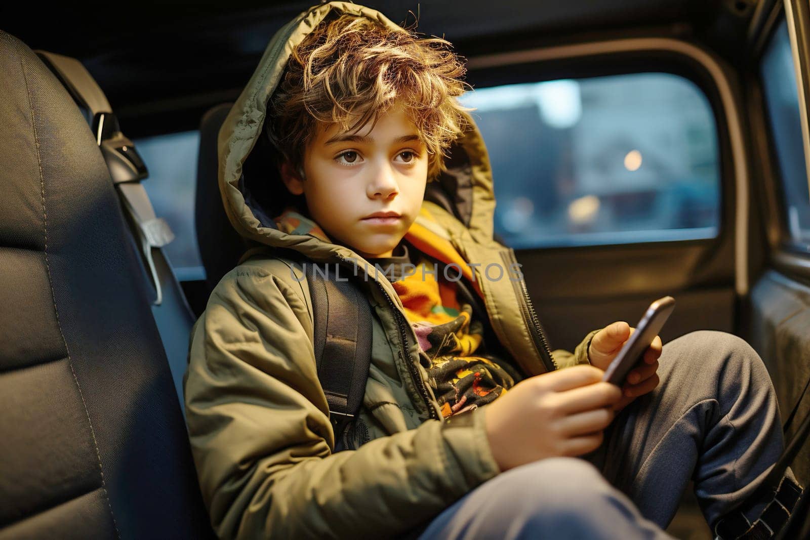 Young boy with smartphone sitting inside car, winter clothing, focus on face, AI Generated