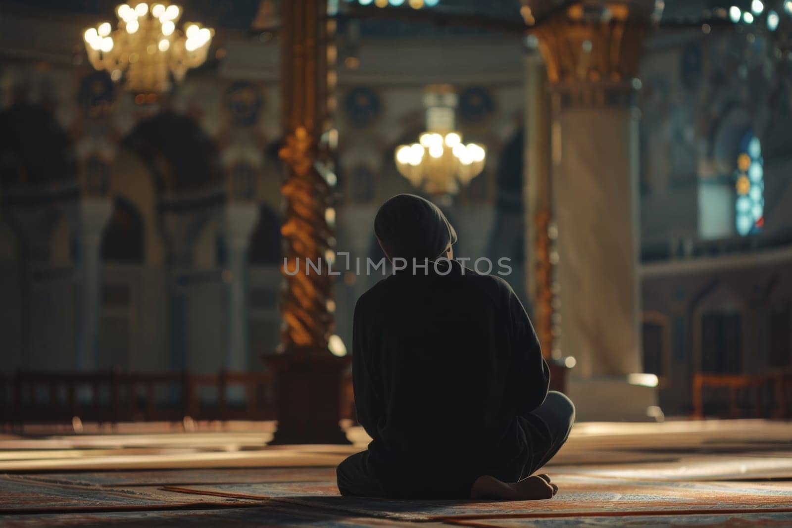 Person praying in mosque interior, depicting peace and spirituality, AI Generated