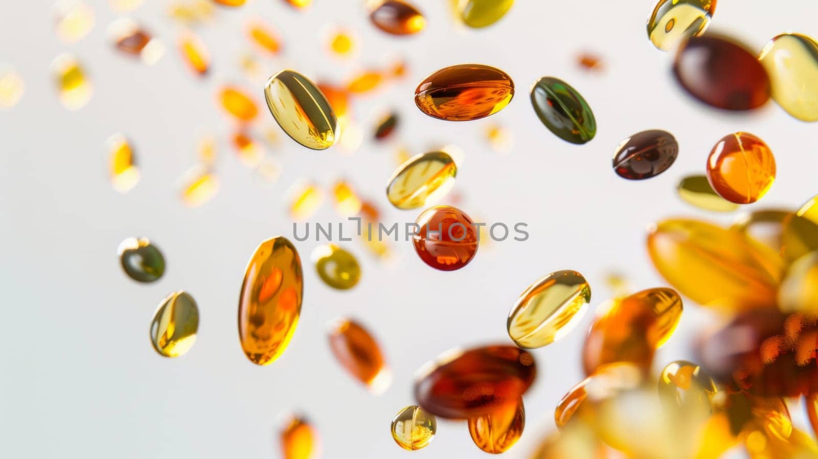 Colorful pills and capsules falling in mid-air on white background, AI Generated