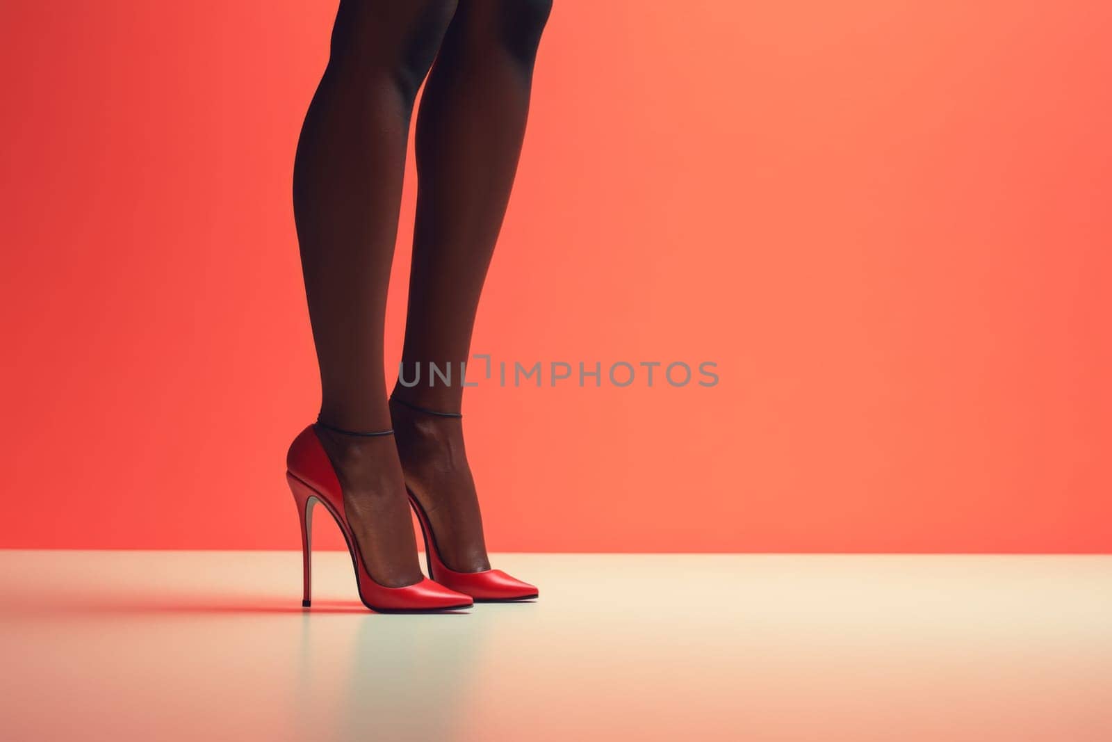 Long legs in red high heels of african american woman against vibrant color background, AI Generated