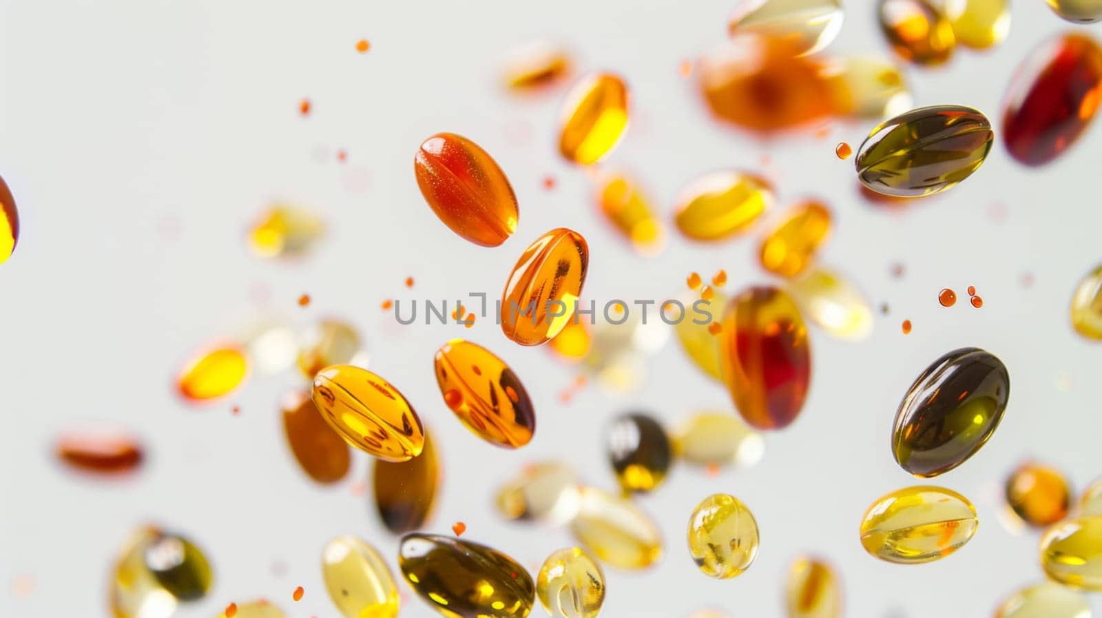 Colorful pills and capsules falling in mid-air on white background, AI Generated