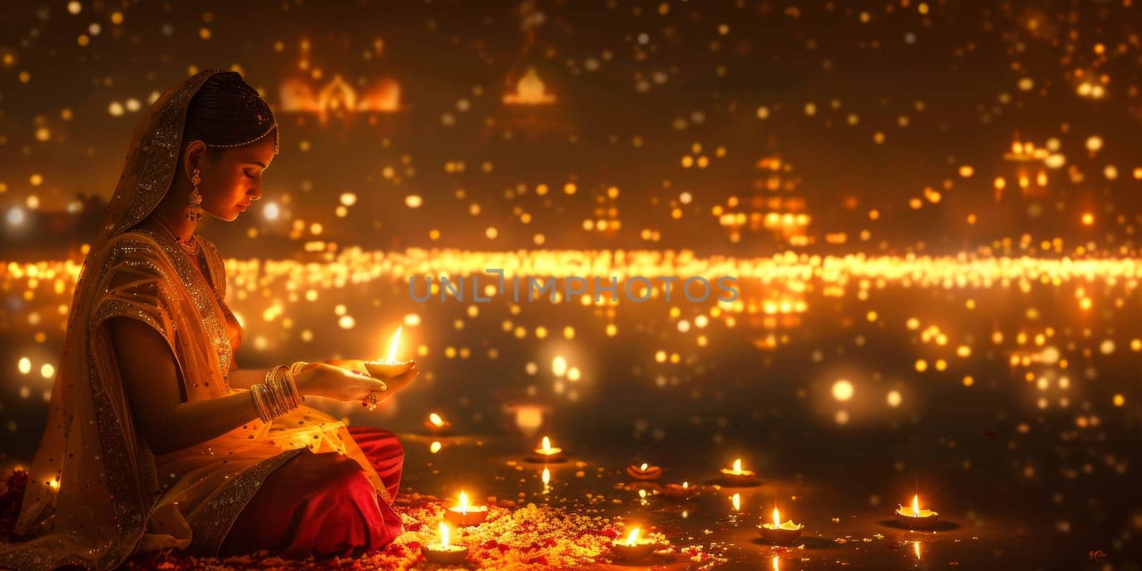 Young woman in traditional clothing holding a candle surrounded by floating candles during Diwali, AI Generated