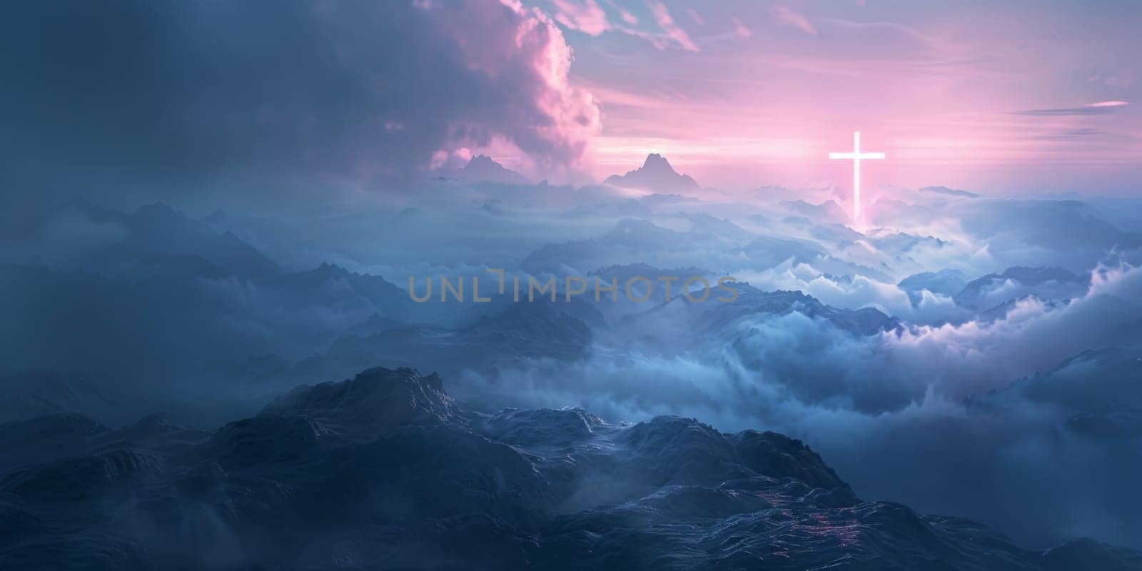 Mountainous landscape with glowing cross in dramatuc cloudy sky, background, AI generated
