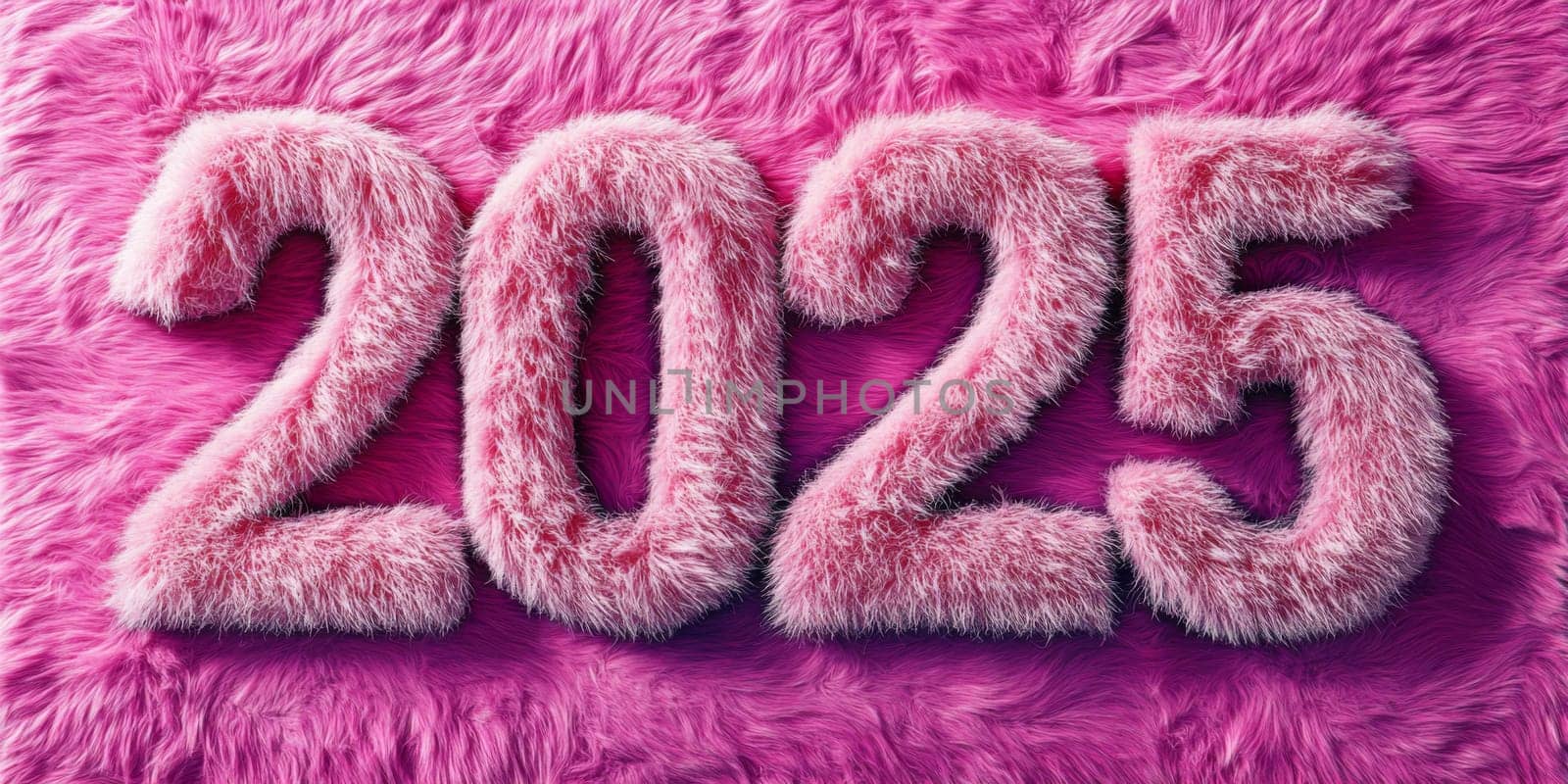 New Year 2025 written on fluffy pink fur background, AI Generated