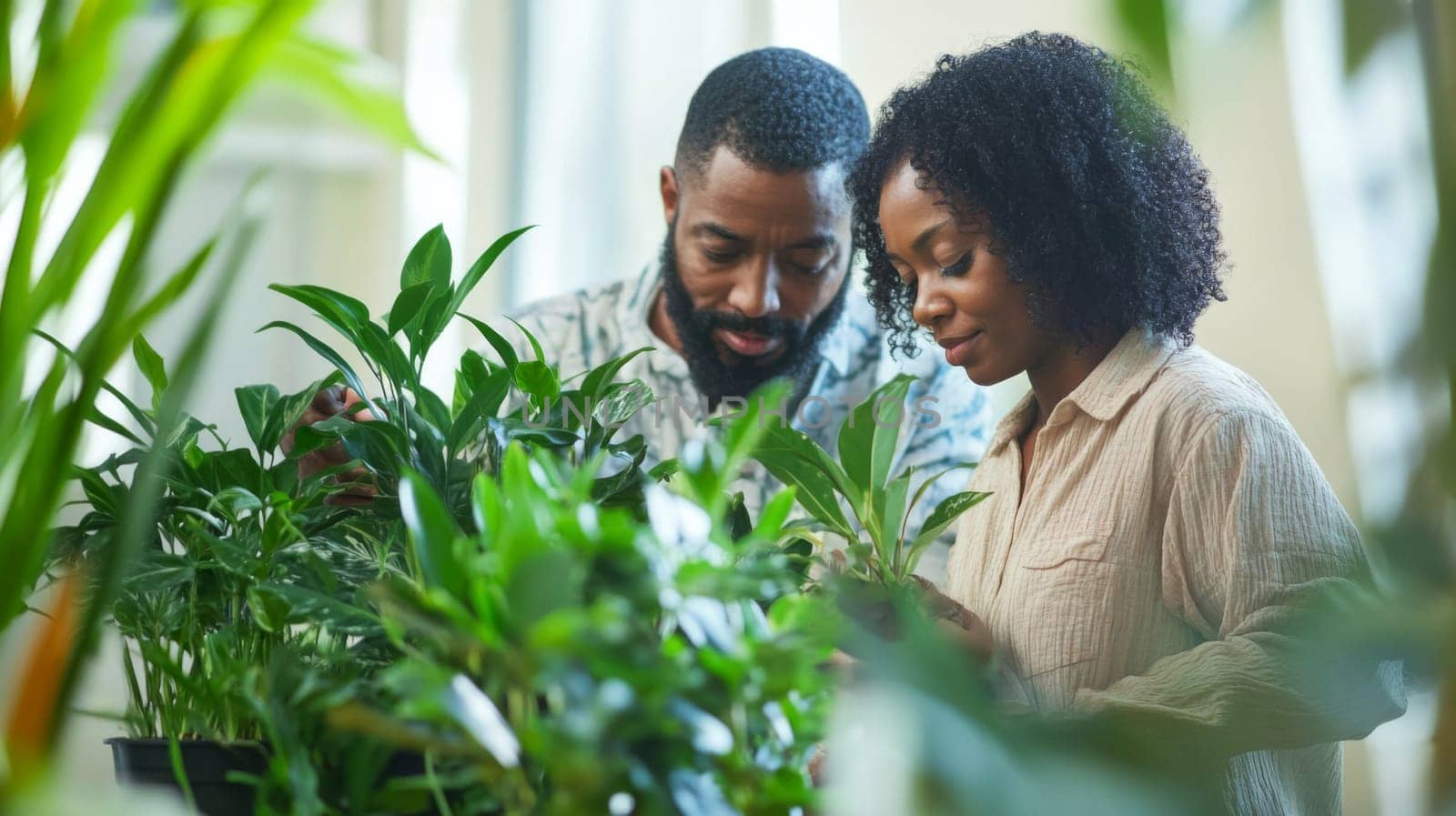 Couple caring houseplants at home. African american middle aged man and woman with green plants. AI Generated