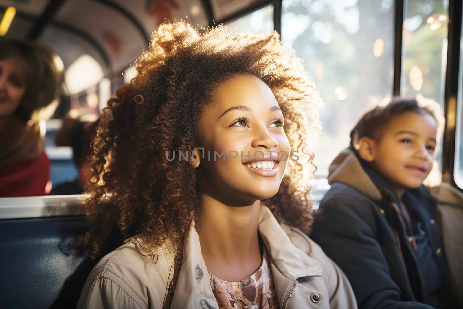 Smiling girl with curly hair sitting in car seat with friends, AI Generated
