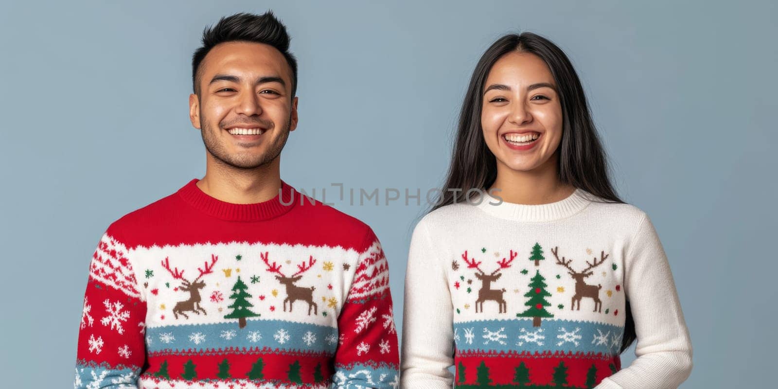 Smiling young latin american couple in festive sweaters with reindeer design, Christmas concept, AI Generated