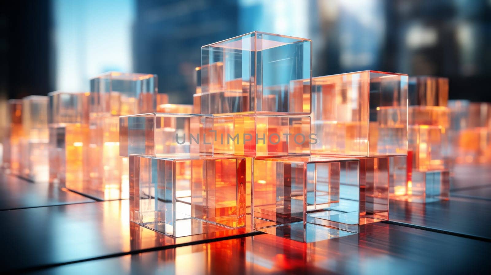 Abstract background of reflective neon purple, blue and orange glass cubes with copy space, AI generated