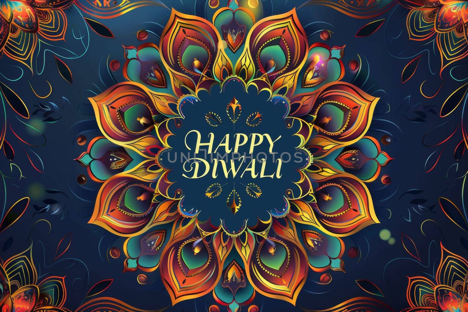 Happy Diwali text with floral mandala art and decorative elements, background, AI Generated