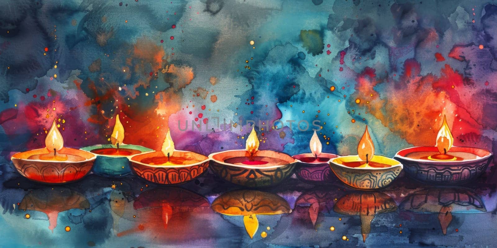 Oil lamps with burning flames surrounded by flower petals, background, AI Generated