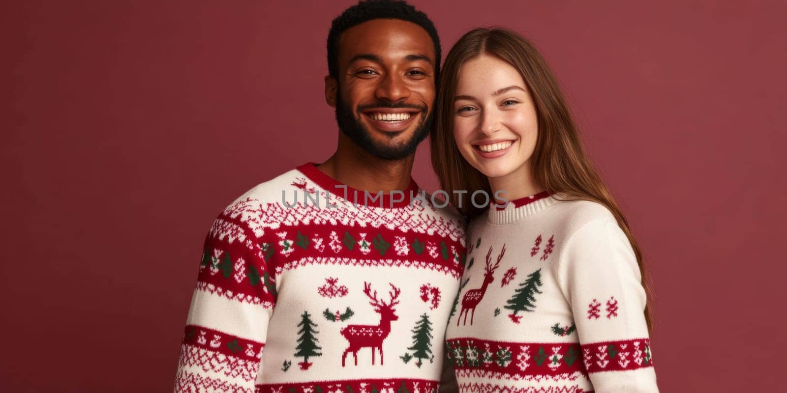 Smiling multiracial couple in ugly Christmas sweaters on festive background, AI Generated