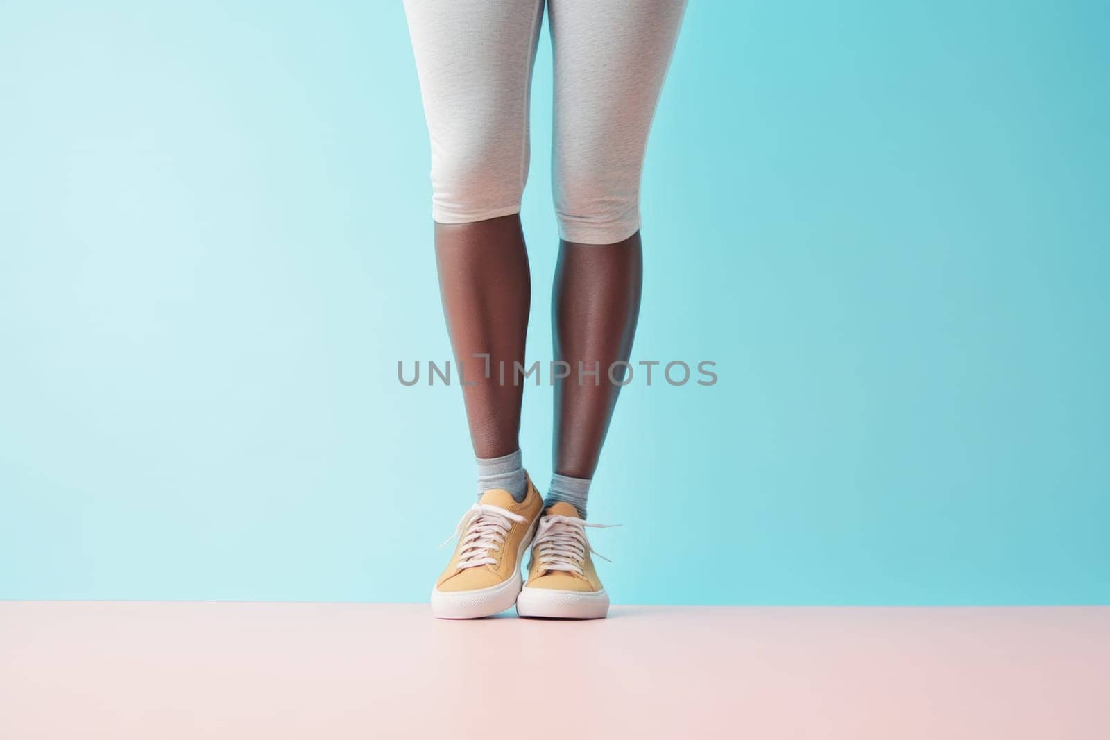 Legs of an athletic woman standing on color background, AI Generated