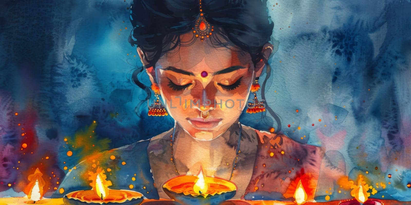 Woman holding diya candles during Diwali celebration at night, AI Generated