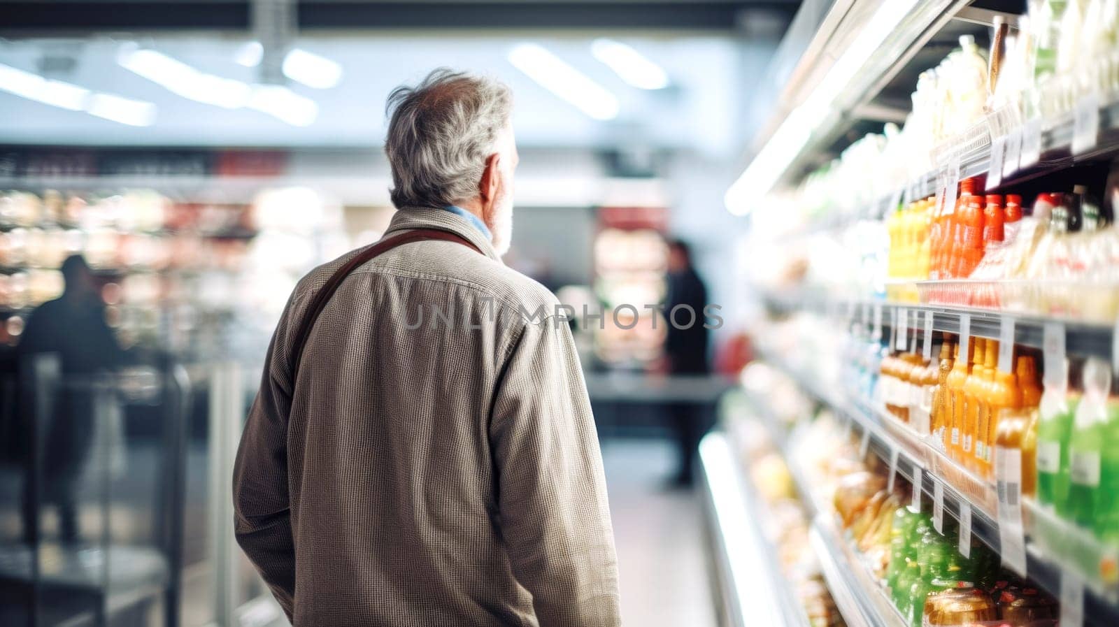 Senior man shopping for groceries in supermarket, background, AI Generated