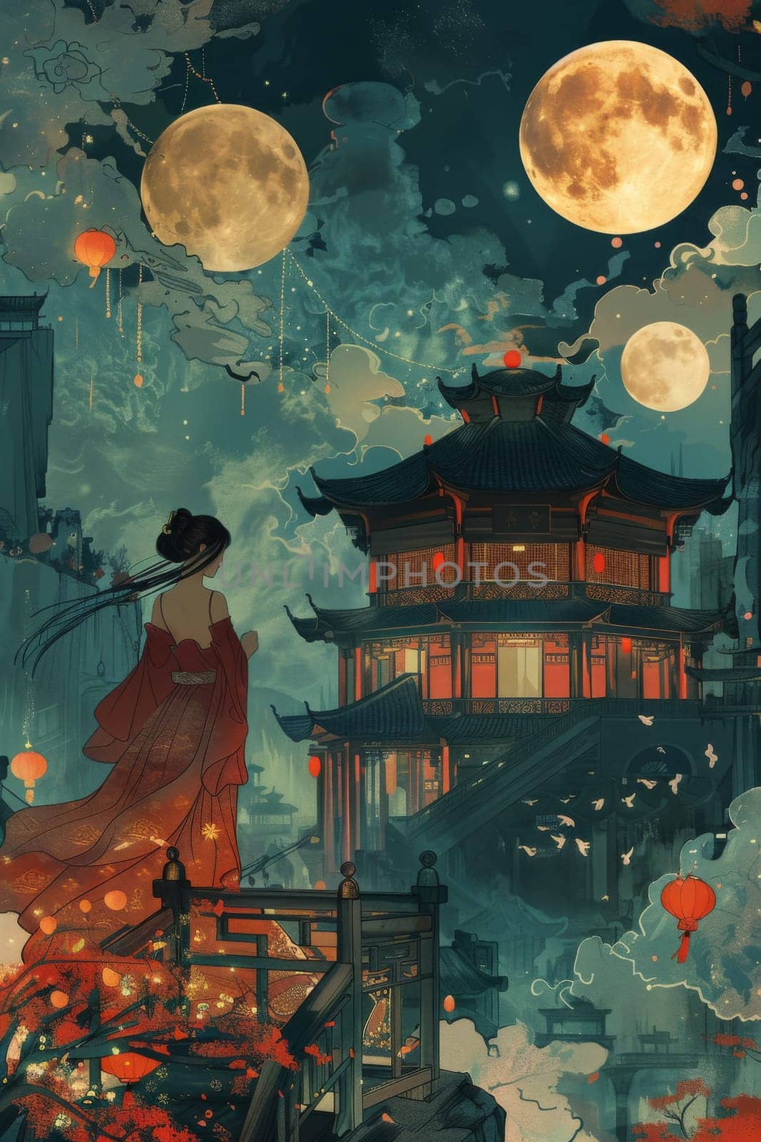 A woman in traditional attire floating under glowing full moon in Asian landscape, AI generated