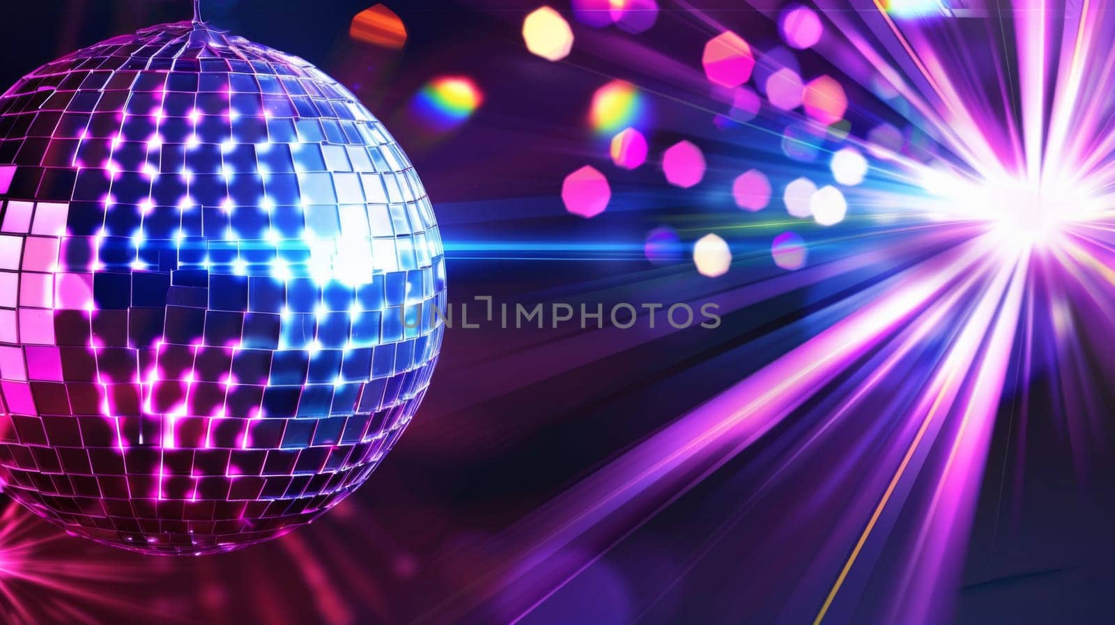 Disco ball reflecting neon lights creates vibrant party atmosphere, background, AI generated
