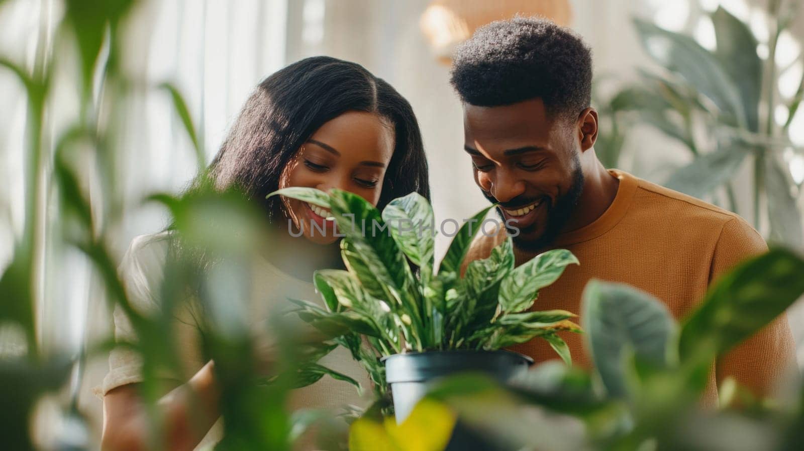 Couple caring houseplants at home. African american young adult man and woman with green plants. AI Generated