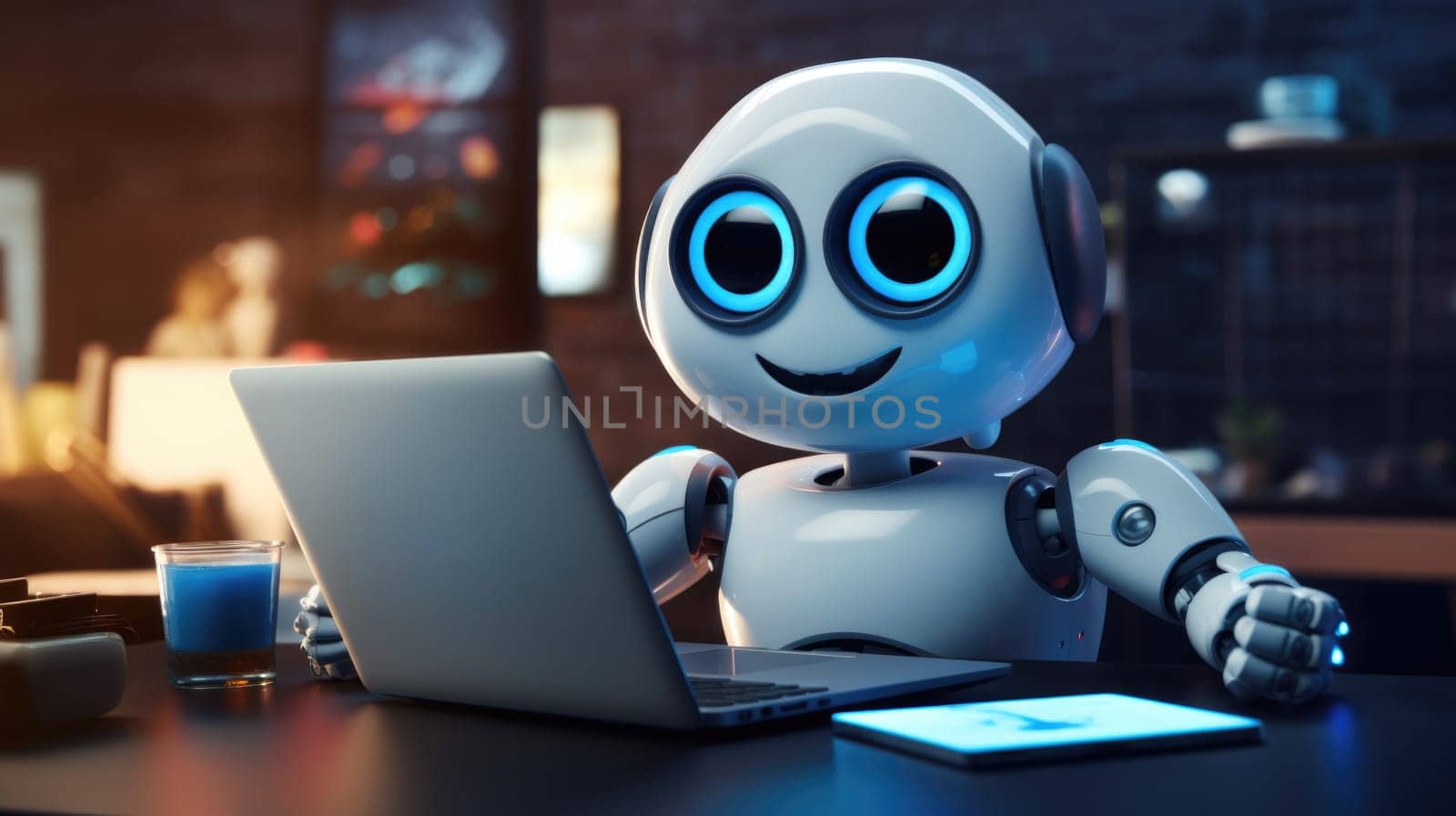 Cute robot with headphones working at a computer in futuristic office, AI generated