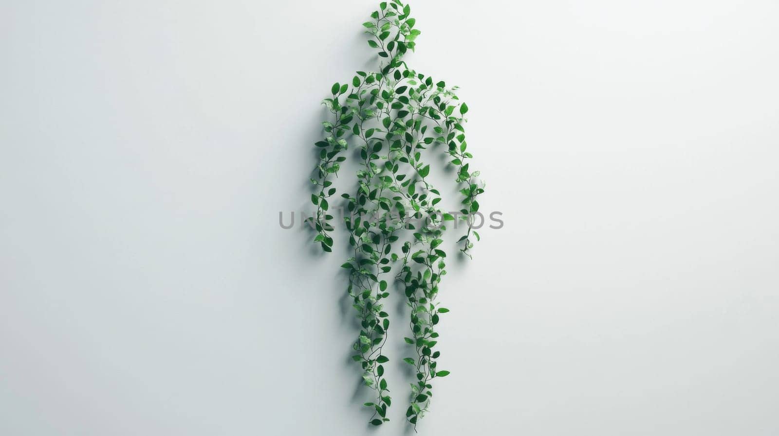 Human figure made of green leaves on plain background, concept of nature and ecology, AI Generated