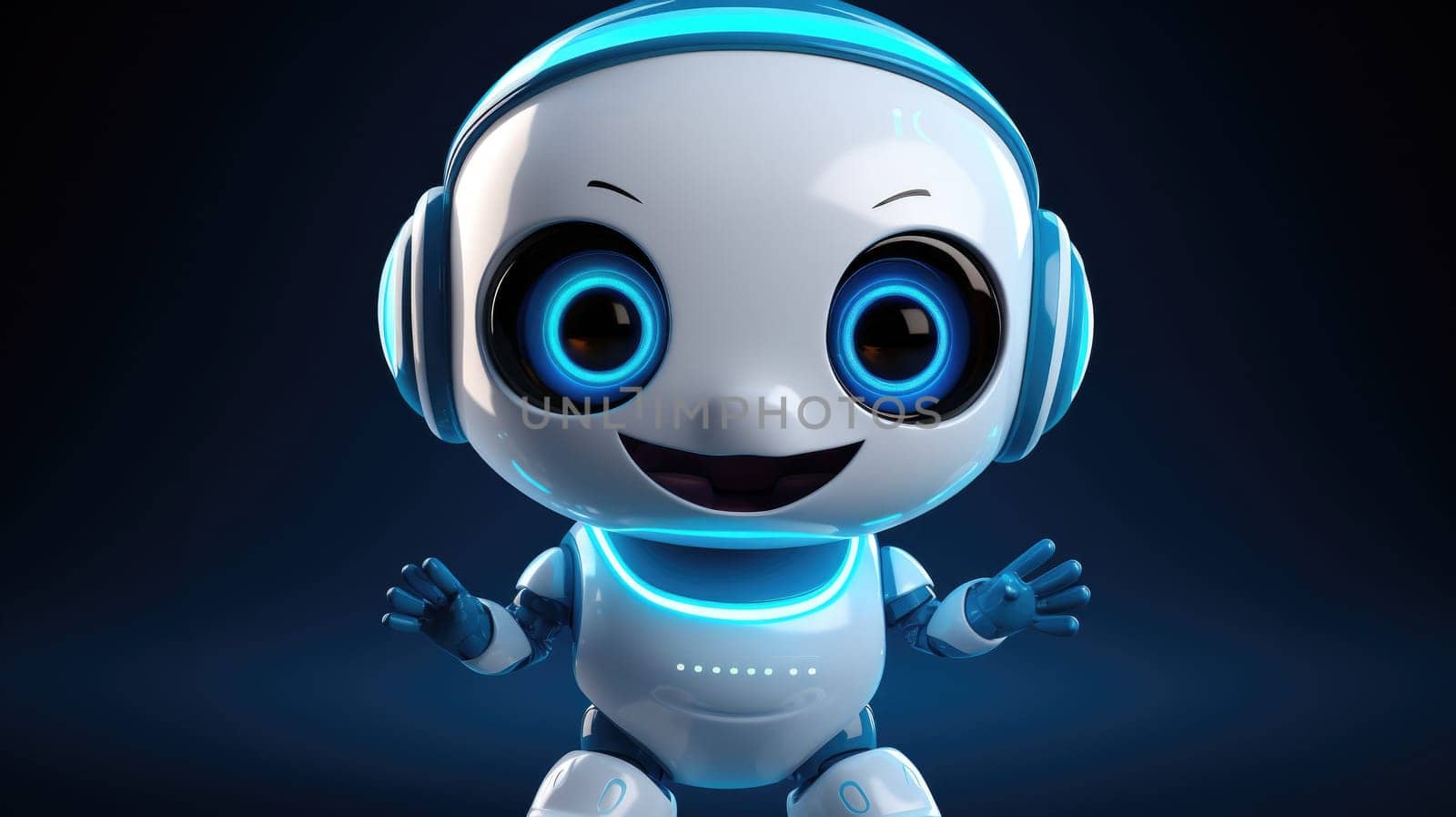 Cute robot friendly digital assistant character with glowing blue lights, AI generated