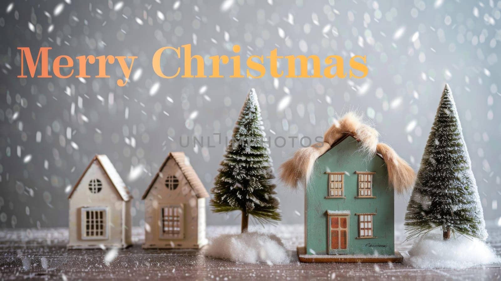 Miniature Christmas houses and trees with snow, New Year holiday greeting concept, AI Generated