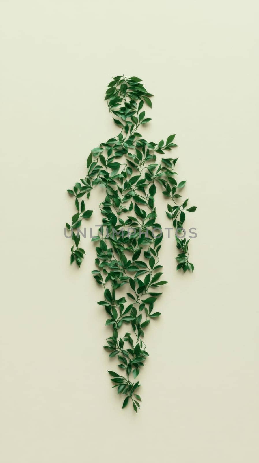 Human child silhouette made of green leaves on light background, eco-friendly concept, AI Generated