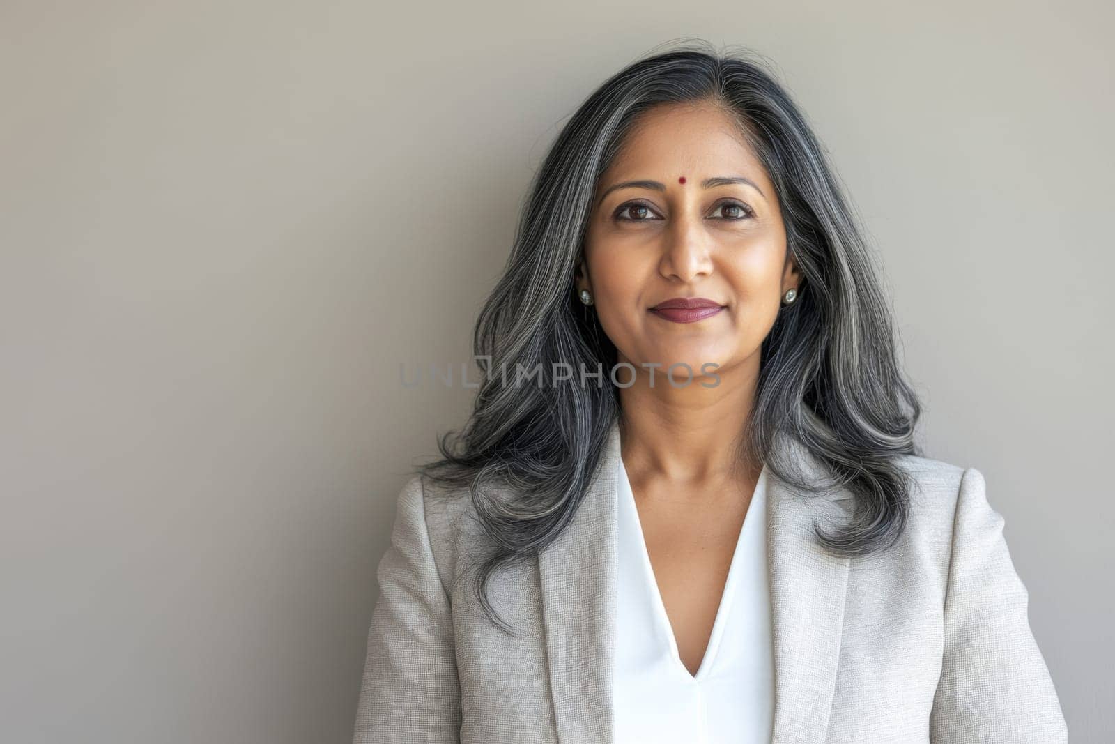 Portrait of middle age Indian businesswoman in suit against neutral background, AI Generated