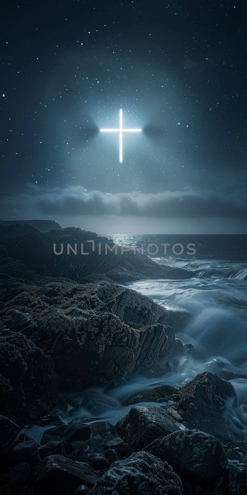 Cross illuminated on rocky seashore at night with starry sky, background, AI Generated