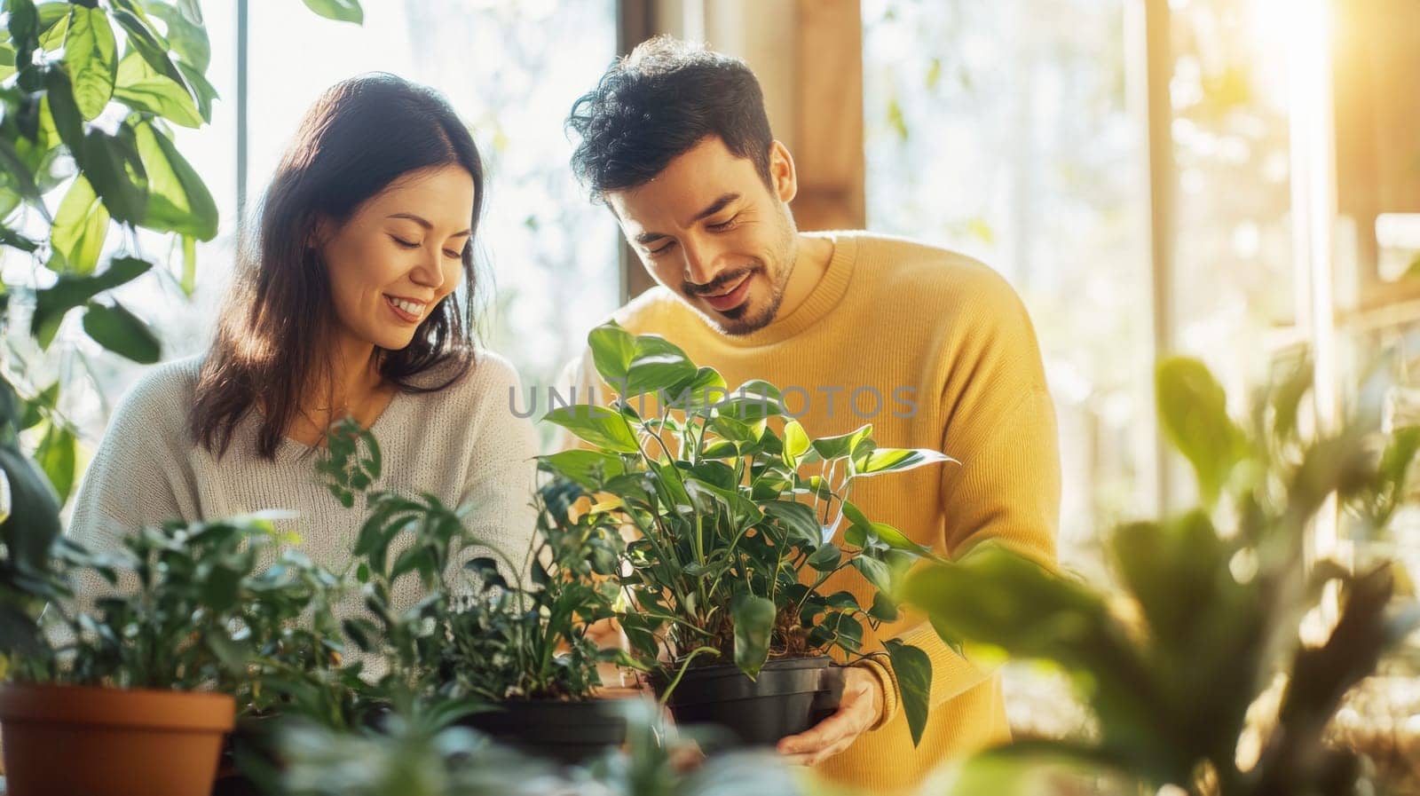 Couple caring houseplants at home. Multiracial middle aged man and woman with green plants. AI Generated