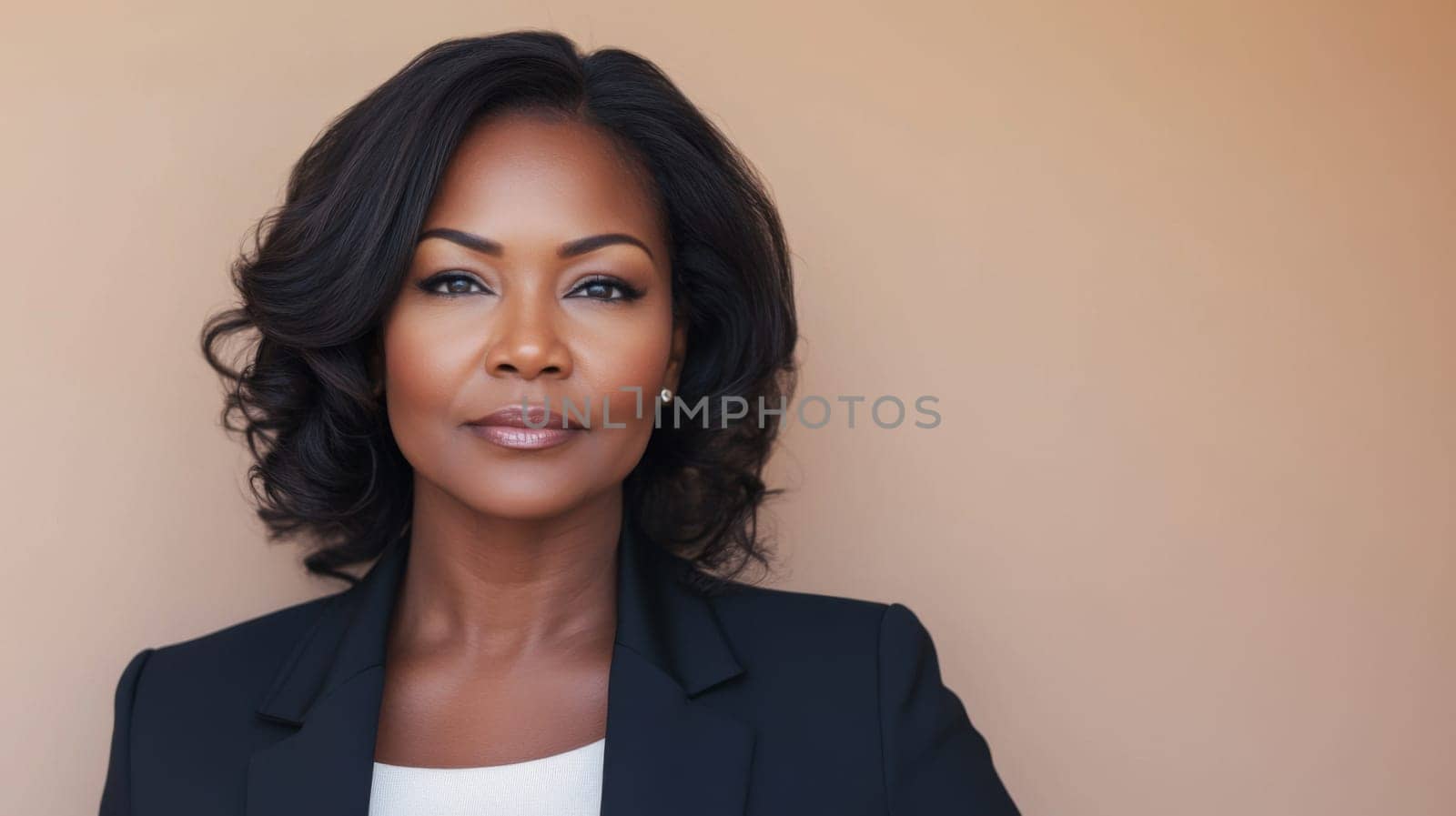 Portrait of confident middle aged black woman in suit with neutral background, AI Generated