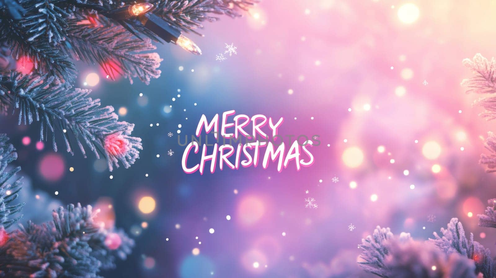 Merry Christmas text with snowflakes on Christmas tree branches background, AI generated