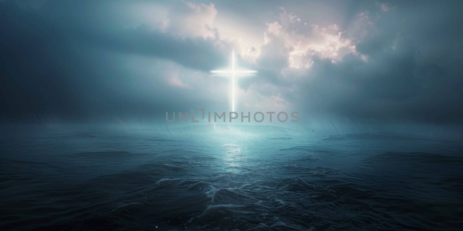 Cross illuminated on rocky seashore at night with starry sky, background, AI Generated
